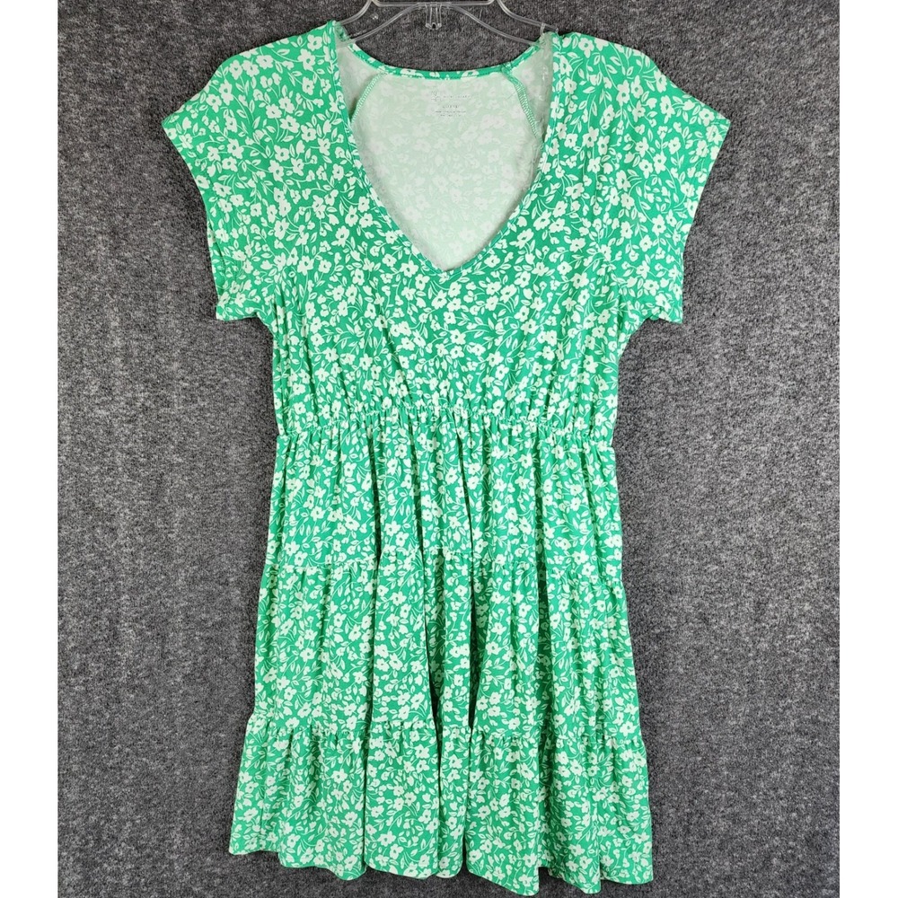No Boundaries Dress Womens L Green Floral Tiered V-Neck Short Sleeve Mini EUC